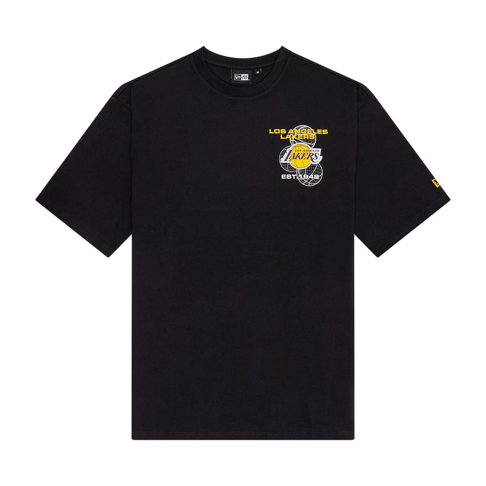 The Male model is wearing LA Lakers NBA Basketball Graphic Black Oversized T-Shirt 2