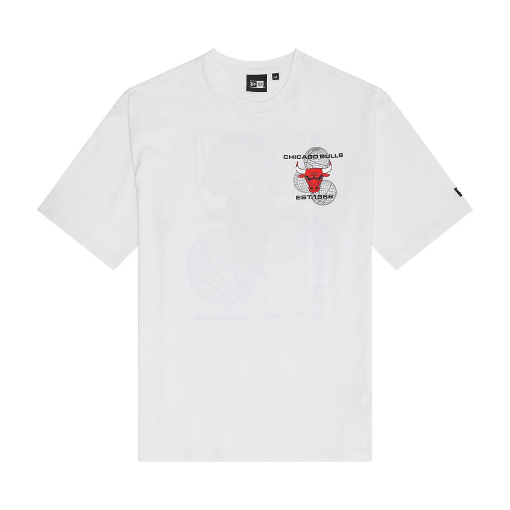 New Era Chicago Bulls NBA Heritage Script White Oversized T-Shirt, front view showing the red and black embroidered Bulls logo with Chicago Bulls Est. 1966 text, set against the white background with a graphic print beneath.
