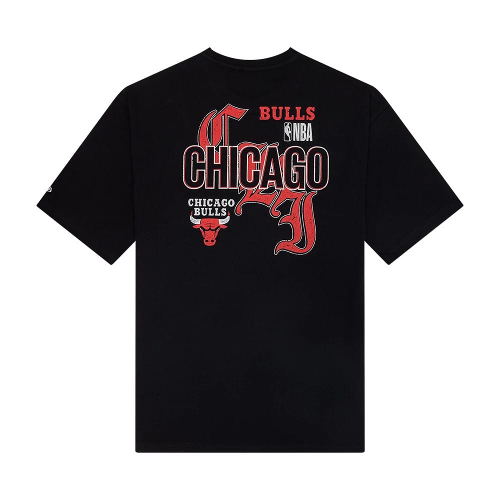 The Male model is wearing Chicago Bulls NBA Font Graphic Black Oversized T-Shirt 2