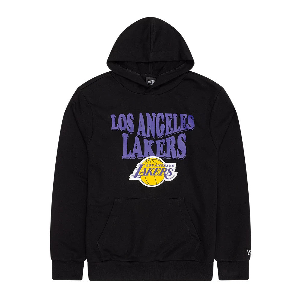 New Era LA Lakers NBA Wordmark Black Pullover Hoodie, front view showing the purple Los Angeles Lakers lettering across the chest with the yellow and purple Lakers logo below, and an embroidered New Era logo on the sleeve cuff.