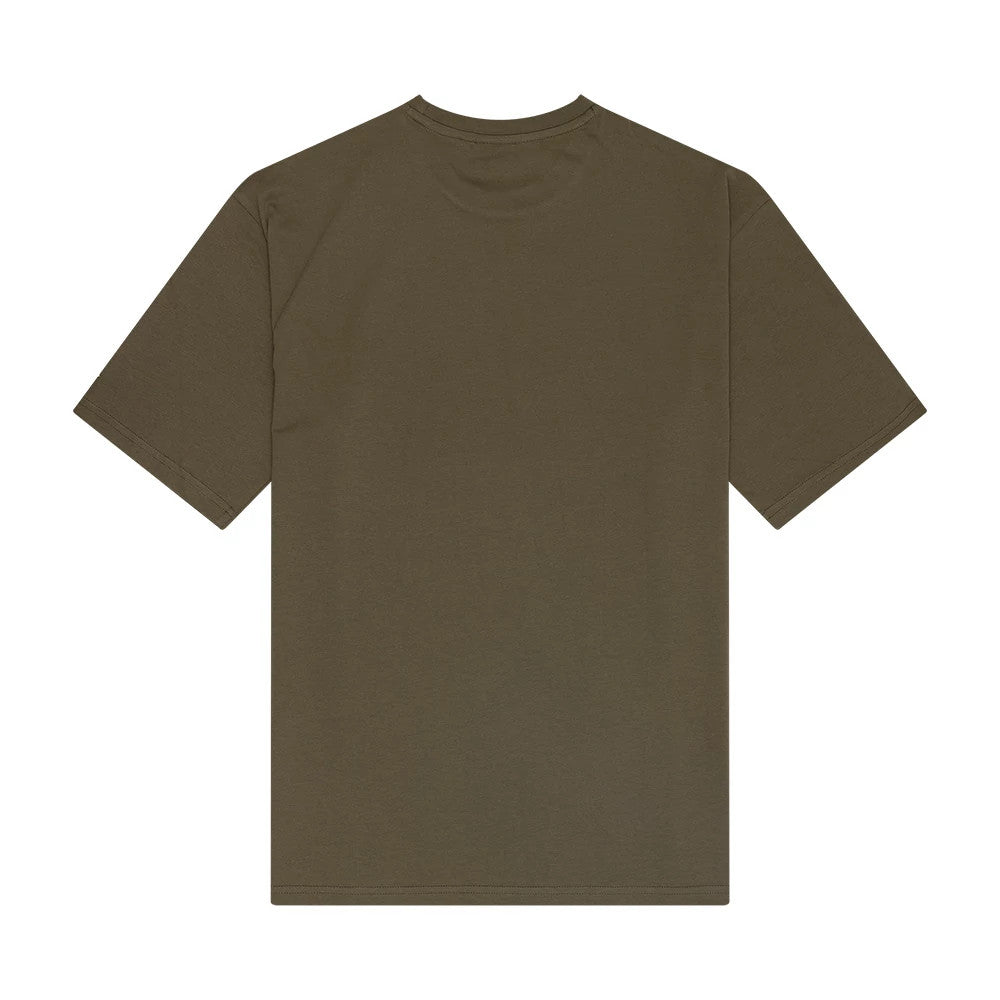 New Era Food Graphic Green Oversized T-Shirt, back view showing a plain green surface without any graphics or logos, providing a clear view of the short sleeves and straight hemline.
