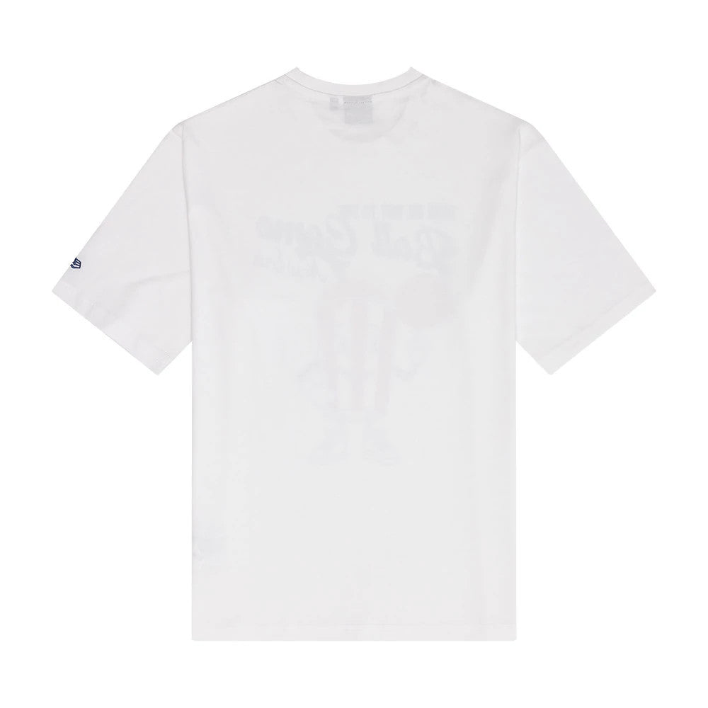 New Era Soda Graphic White Oversized T-Shirt, back view showing a soda-themed graphic faintly through the white fabric, with a small embroidered New Era flag logo on the left sleeve.