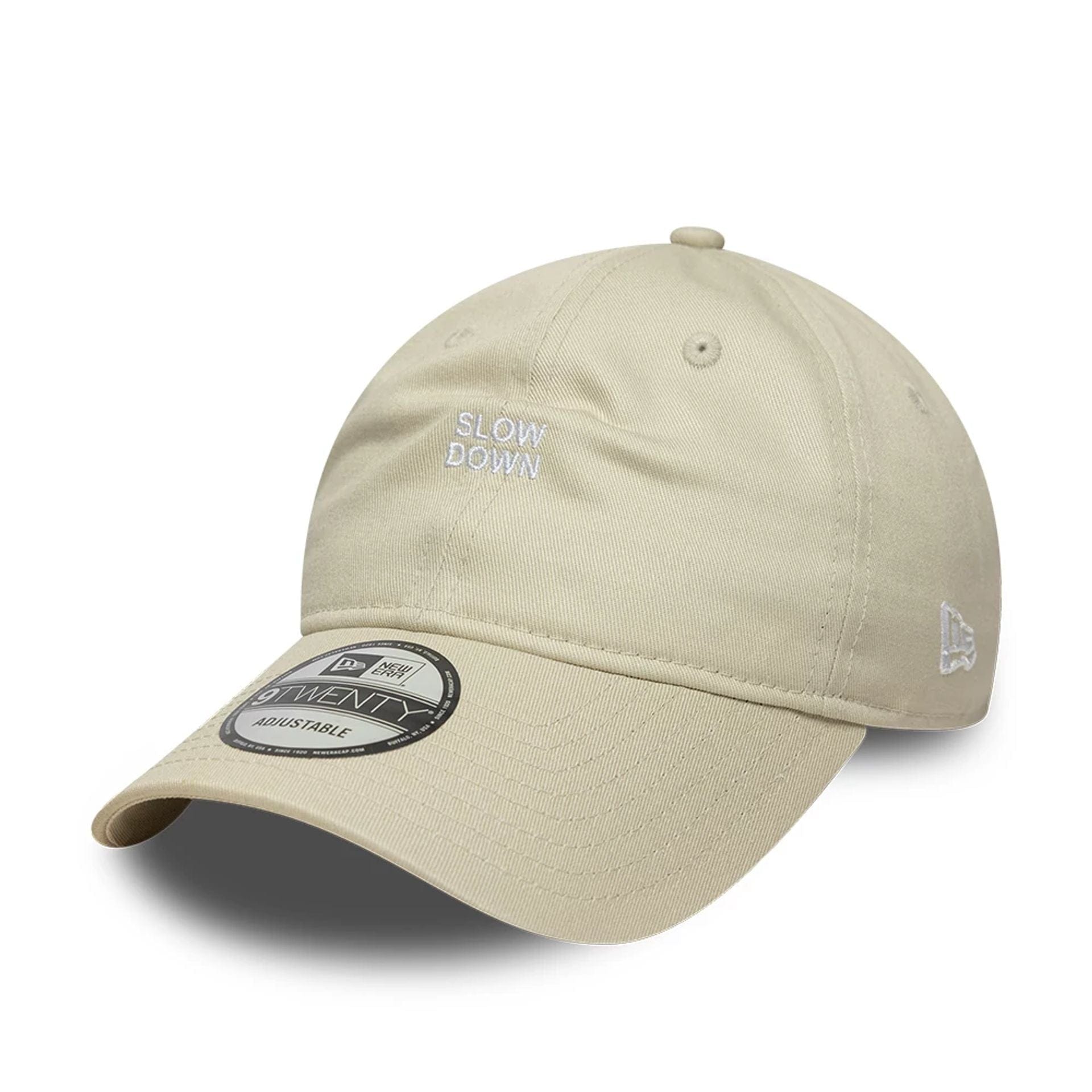 This is a New Era Slogan Light Beige 9TWENTY Adjustable Cap 1