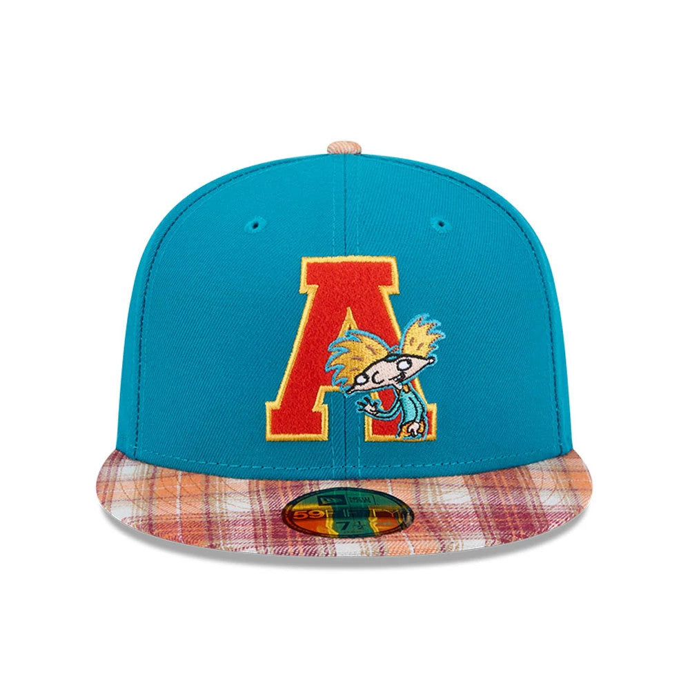Hey Arnold Letterman Turquoise New Era 59FIFTY Fitted Cap, front view showing an orange and yellow embroidered letter A with a cartoon character on the front panel, plaid patterned visor and gold 59FIFTY size sticker.