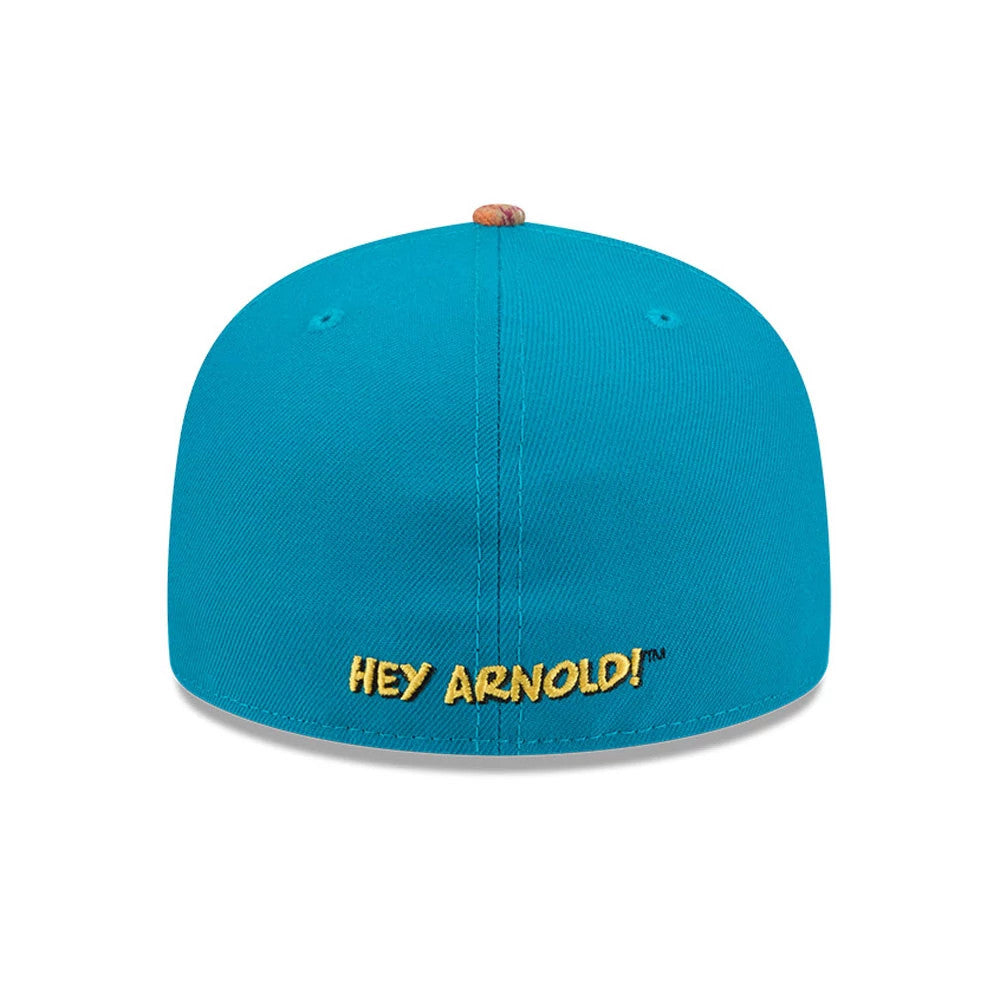 Hey Arnold Letterman Turquoise New Era 59FIFTY Fitted Cap, rear view showing the Hey Arnold! logo in yellow embroidered across the lower back panels of the turquoise structured crown.