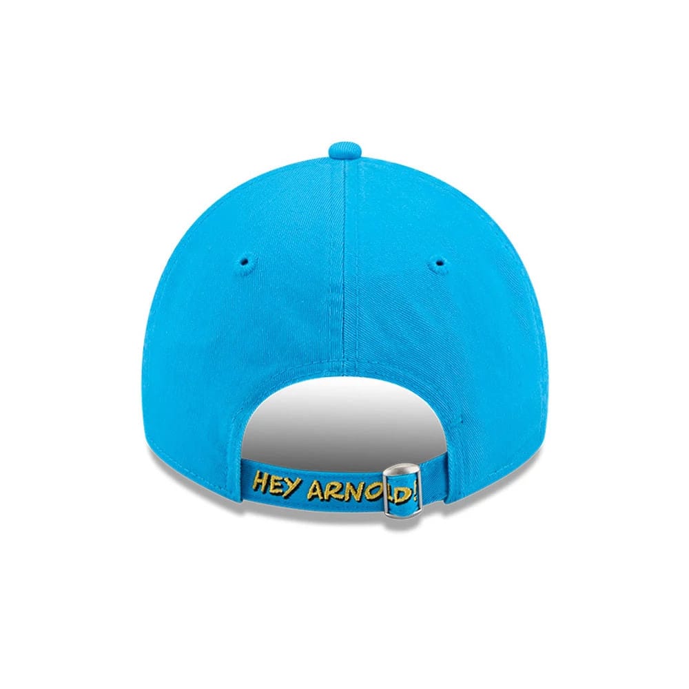 Hey Arnold Heart Blue New Era 9TWENTY Adjustable Cap, rear view showing Hey Arnold embroidered in yellow and outlined in black on the blue fabric strap, with a curved buckle and a structured blue crown with matching eyelets and top button.