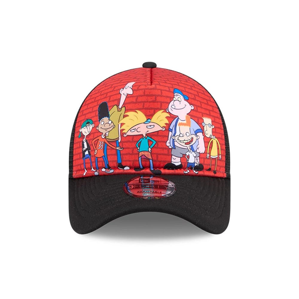 Hey Arnold Graphic Black New Era 9FORTY A-Frame Trucker Adjustable Cap, front view showing colourful cartoon characters against a red brick wall graphic on the structured crown, with a black curved visor featuring a 9FORTY size sticker.