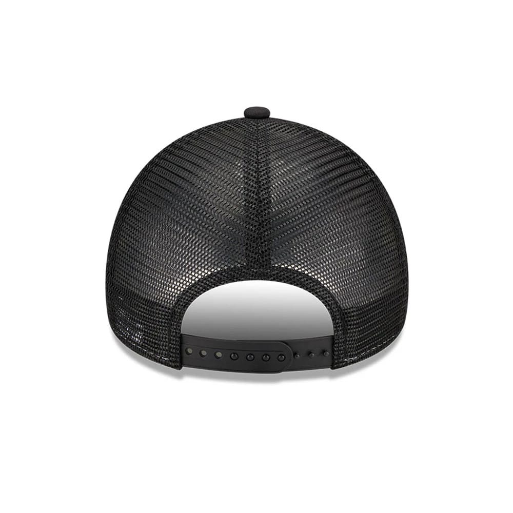 Hey Arnold Graphic Black New Era 9FORTY A-Frame Trucker Adjustable Cap, rear view showing the mesh back panels and the adjustable snap closure, with a black top button centred on the structured black crown.