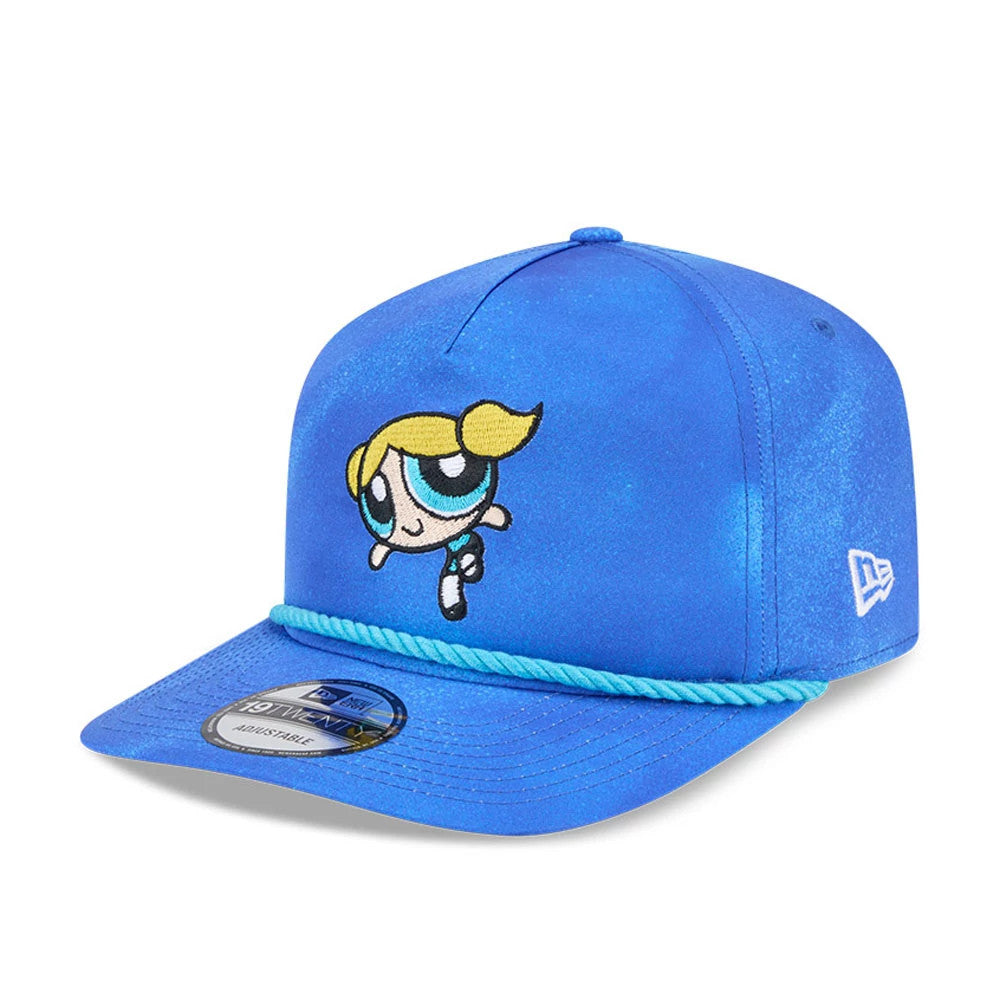 Power Puff Girls Bubbles Bright Blue New Era 19TWENTY Adjustable Cap, front view showing the colourful embroidered Bubbles character on the front panel, bright blue visor, matching rope detail above the visor, and 19TWENTY size sticker.