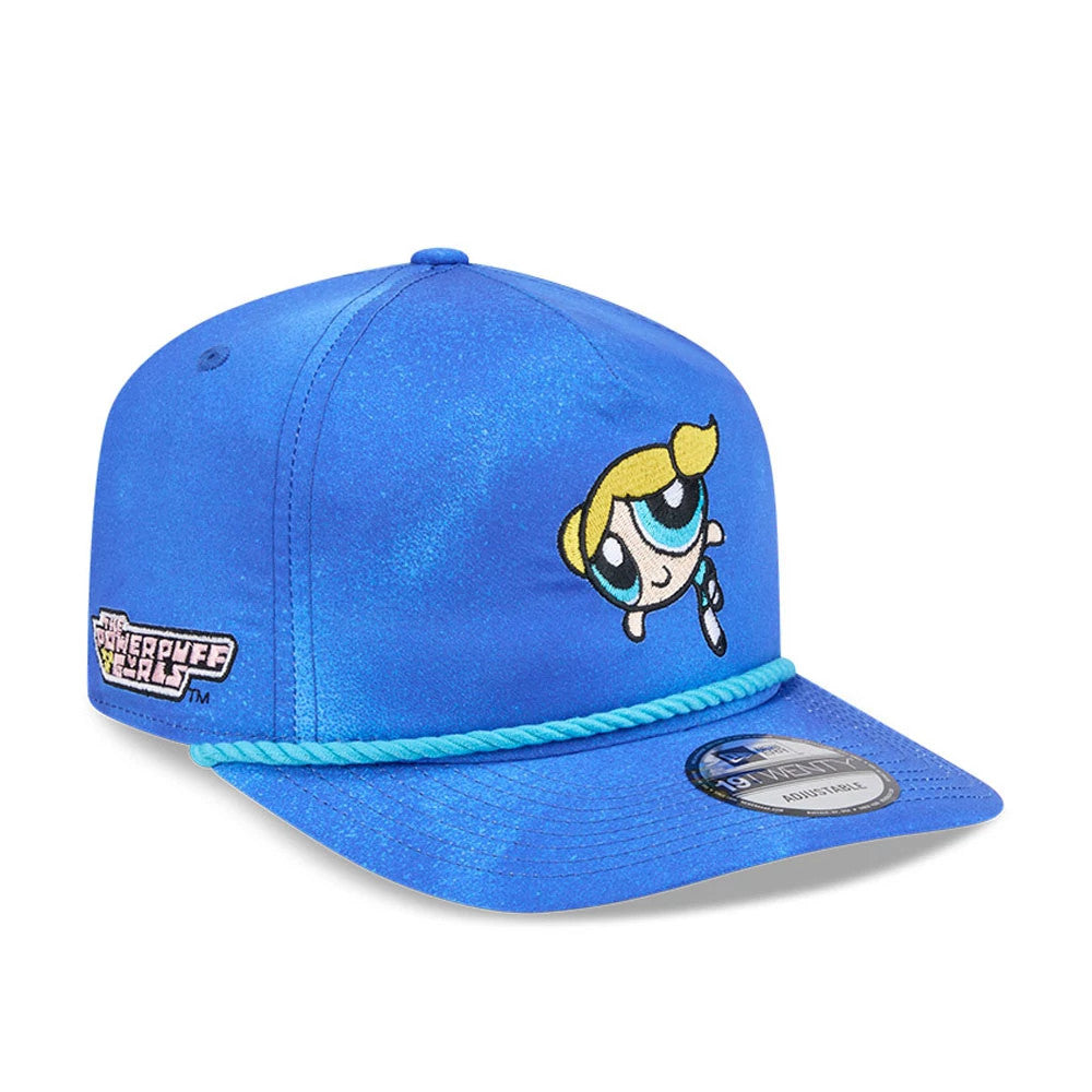 Power Puff Girls Bubbles Bright Blue New Era 19TWENTY Adjustable Cap, three-quarter view showing Bubbles character embroidered on the front panel, a turquoise rope across the visor, and a 19TWENTY size sticker on the flat visor.