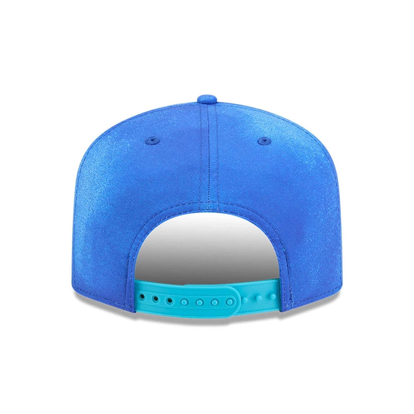 Power Puff Girls Bubbles Bright Blue New Era 19TWENTY Adjustable Cap, rear view showing a bright blue structured crown with cyan snapback closure and matching top button, complemented by matching eyelets.