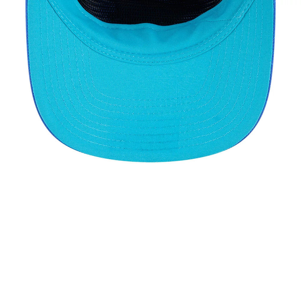Power Puff Girls Bubbles Bright Blue New Era 19TWENTY Adjustable Cap, inside view showing a bright blue undervisor, black sweatband and taping, and the structural stitching underneath the visor.