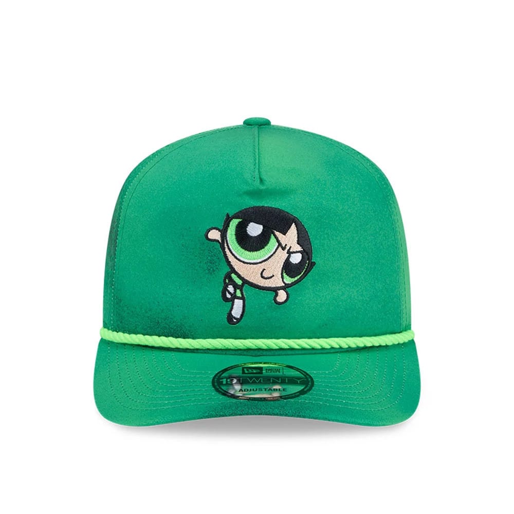 Power Puff Girls Buttercup Bright Green New Era 19TWENTY Adjustable Cap, front view featuring the embroidered Buttercup graphic on the front panel, a matching bright green rope detail above the visor, and a 19TWENTY size sticker on the visor.