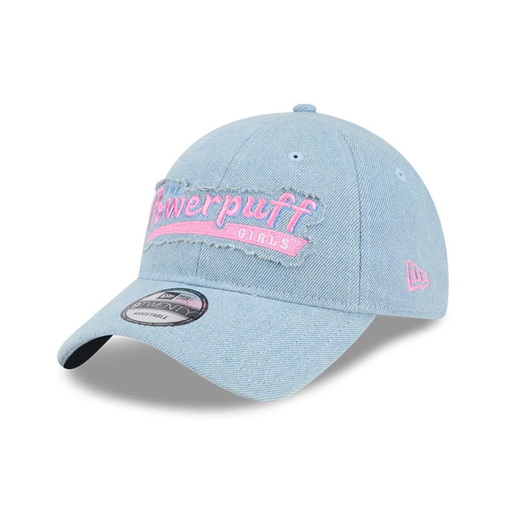 Power Puff Girls Wordmark Open Blue New Era 9TWENTY Adjustable Cap, three-quarter view showing pink embroidered Powerpuff Girls lettering on the front panel, with a curved visor and 9TWENTY size sticker.