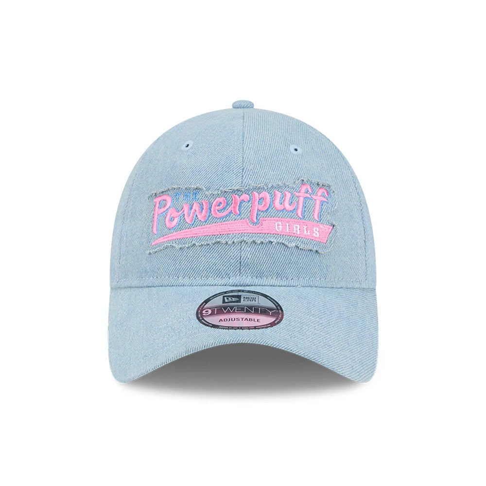 Power Puff Girls Wordmark Open Blue New Era 9TWENTY Adjustable Cap, front view showing raised pink and blue embroidered Powerpuff Girls logo on the centre front panel, with a pink 9TWENTY size sticker on the curved visor.