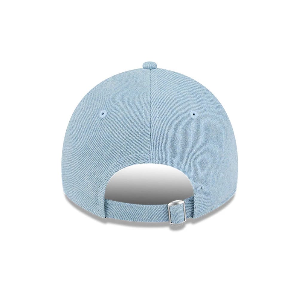 Power Puff Girls Wordmark Open Blue New Era 9TWENTY Adjustable Cap, rear view showing the light blue fabric with matching eyelets and top button, featuring a strap with a silver buckle for size adjustment on the low rounded crown.