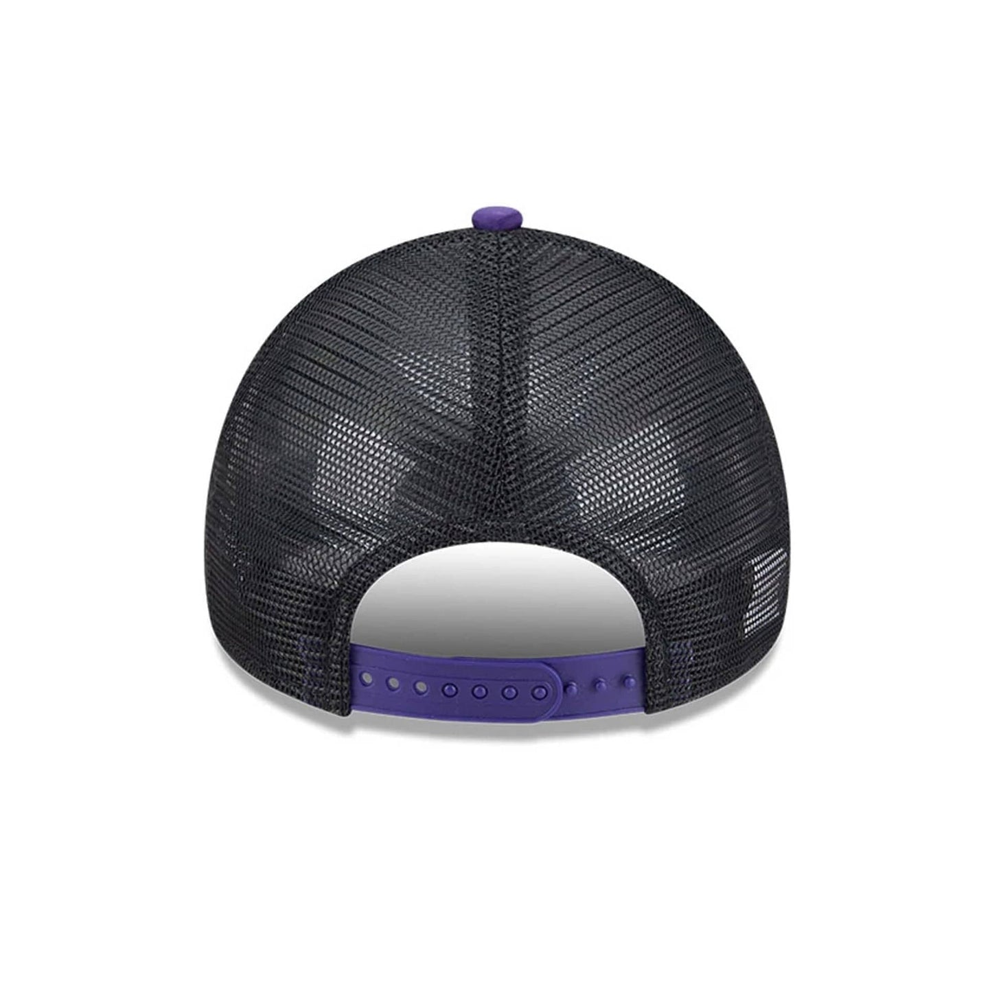 Power Puff Girls Black New Era 9FORTY A-Frame Trucker Adjustable Cap, rear view showing black mesh back panels with a purple top button and matching snap closure strap, no branding or logos.