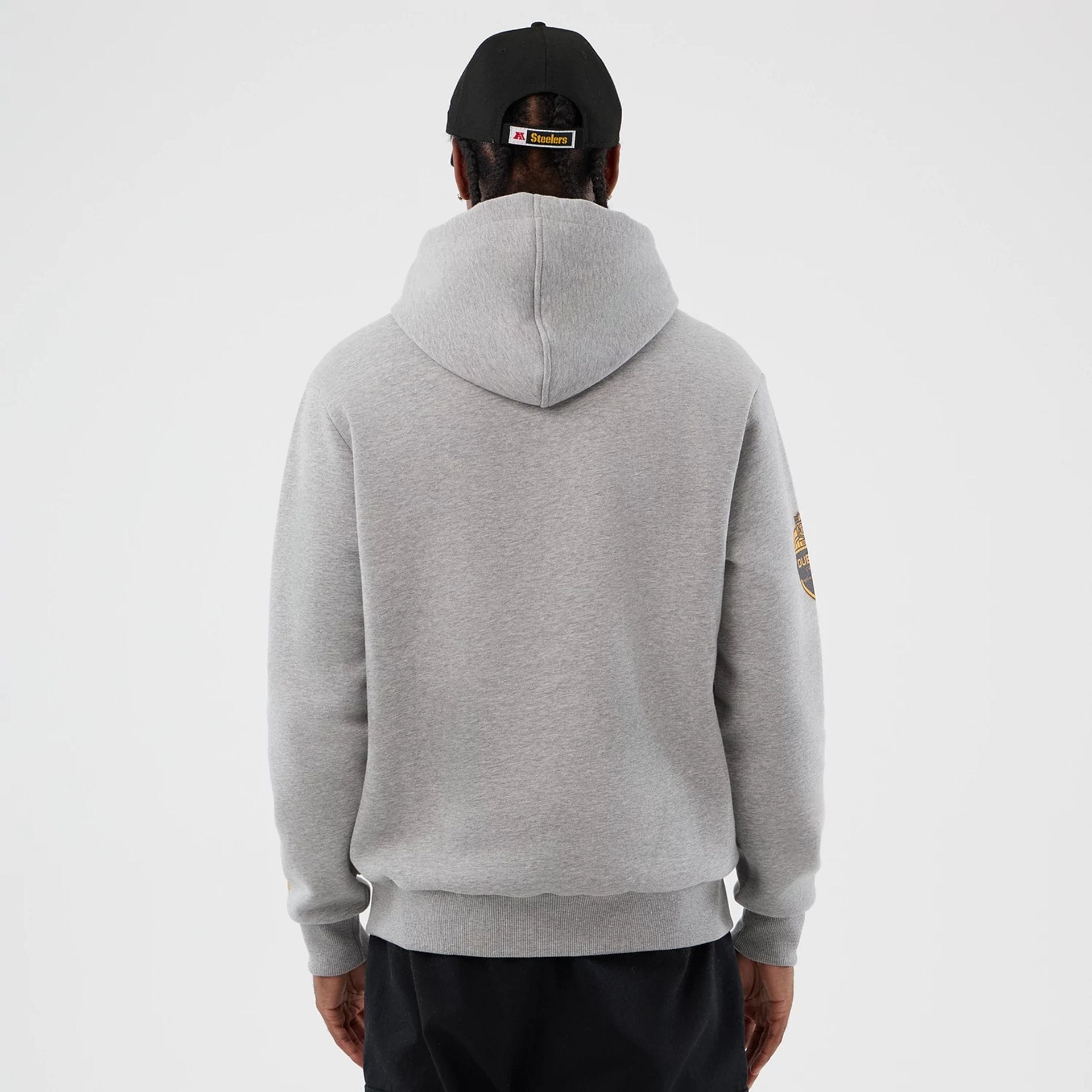 The Male model is wearing Pittsburgh Steelers NFL International Series Games Grey Pullover Hoodie 2