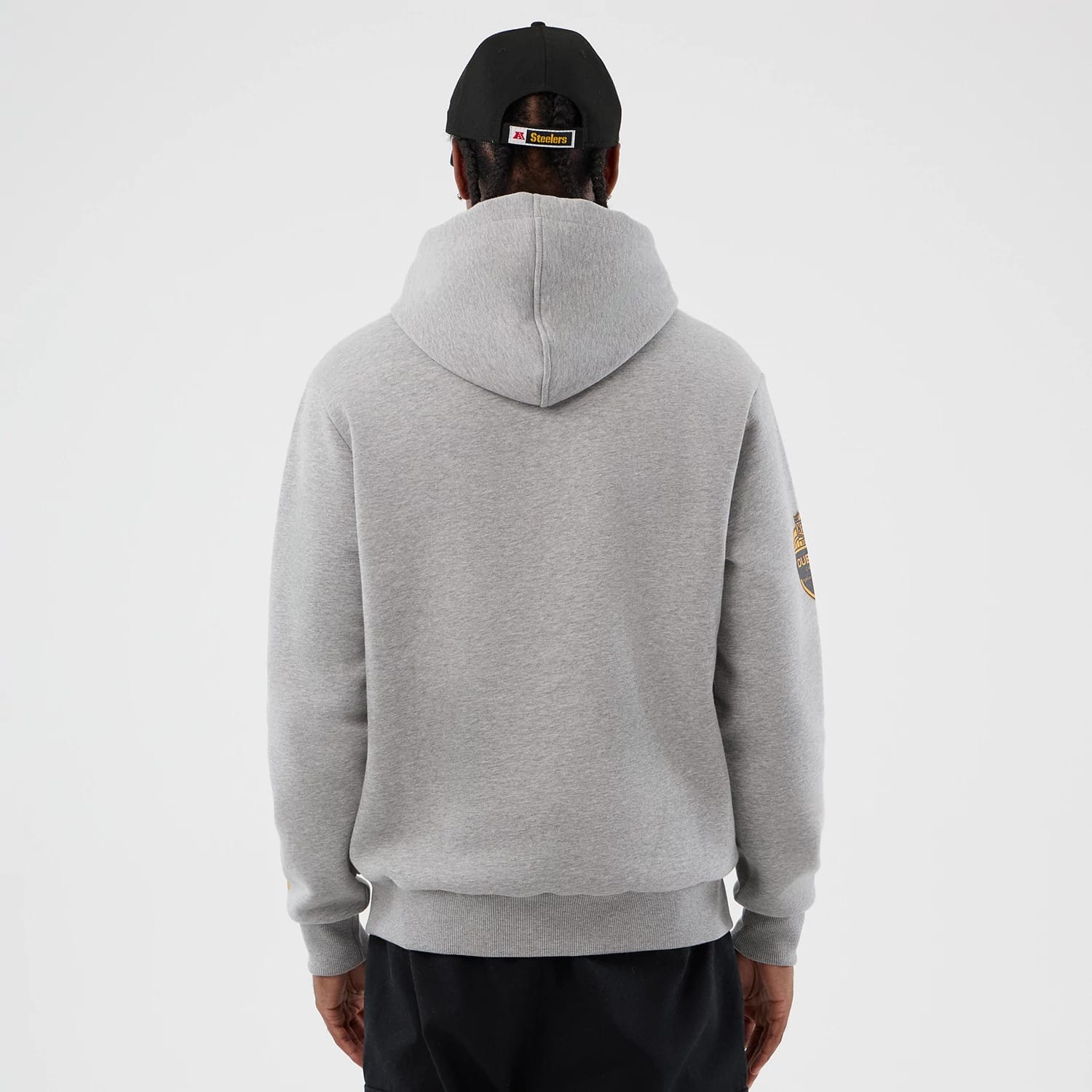 The Male model is wearing Pittsburgh Steelers NFL International Series Games Grey Pullover Hoodie 2