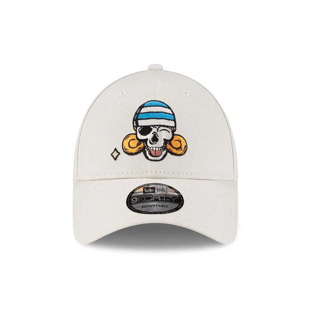 One Piece Nami Light Beige New Era 9FORTY Adjustable Cap, front view showing a detailed embroidered skull with orange hair and a blue striped headscarf on the front panel above the curved visor and 9FORTY size sticker.