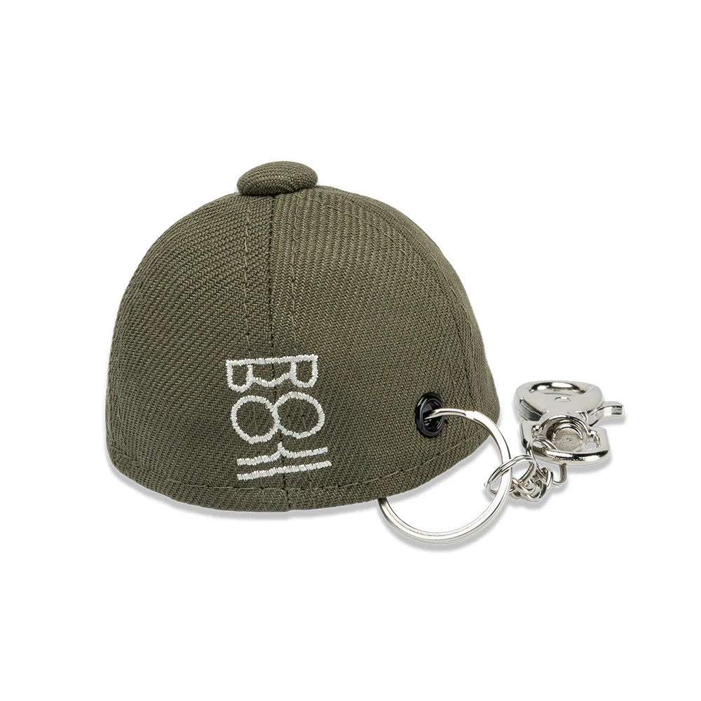 New Era x Rodrigo Roji Flower Green Mini 59FIFTY Fitted Cap, rear view showing white embroidered BO11 logo vertically on the structured green crown, with a silver keychain and clip attached through a side eyelet.