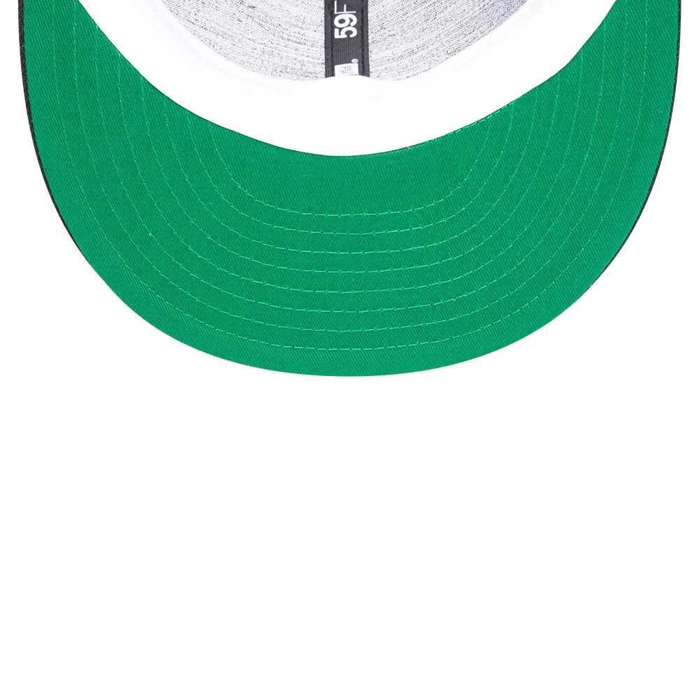 New York Mets MLB Soft Black New Era 59FIFTY Fitted Cap, inside view showing a bright green undervisor, grey internal taping with branding, and a white sweatband around the edge for comfort.