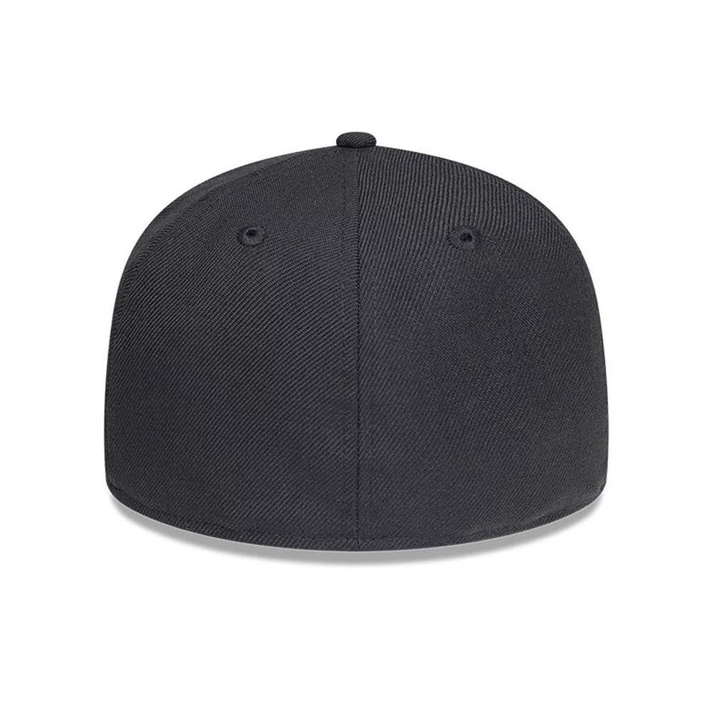 New York Yankees MLB Soft Black New Era 59FIFTY Fitted Cap, rear view showing the black structured crown with matching black eyelets and the white embroidered MLB Batterman logo at the centre of the back panels.