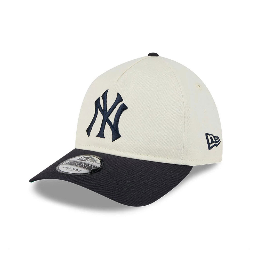 New York Yankees MLB Chrome White New Era 9TWENTY A-Frame Adjustable Cap, three-quarter view showing the navy NY logo in raised embroidery on the front panel, with a contrasting black curved visor and 9TWENTY size sticker.
