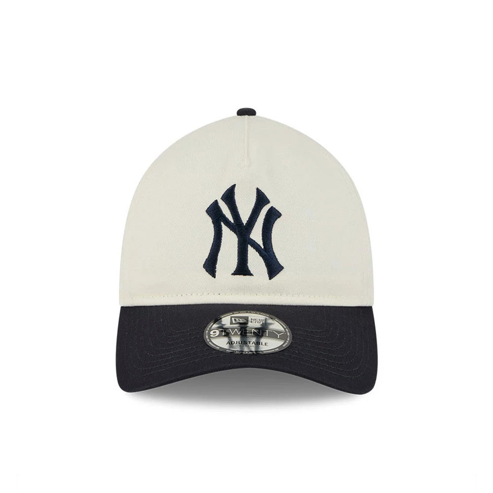 New York Yankees MLB Chrome White New Era 9TWENTY A-Frame Adjustable Cap, front view showing the navy embroidered NY logo on the white crown, with a contrasting black curved visor and 9TWENTY size sticker.