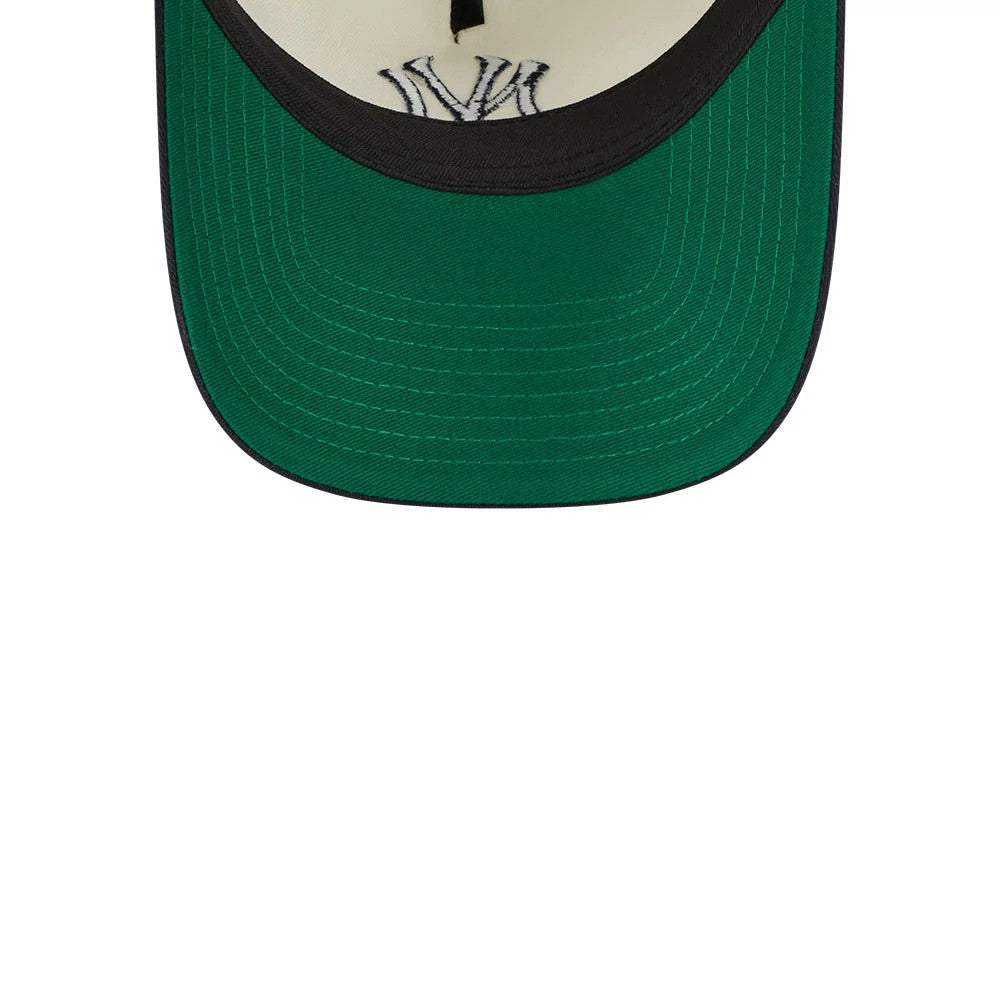 New York Yankees MLB Chrome White New Era 9TWENTY A-Frame Adjustable Cap, inside view showing a green undervisor with the embroidered Yankees logo in navy and white on the interior crown, paired with black band taping.