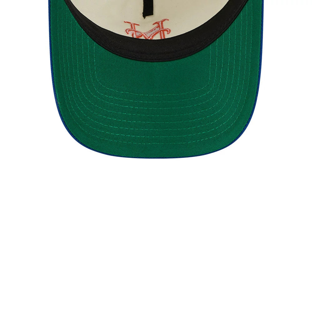 New York Mets MLB Chrome White New Era 9TWENTY A-Frame Adjustable Cap, inside view showing a green undervisor with white stitching, a black sweatband, and a red embroidered Mets logo on the inner crown fabric.