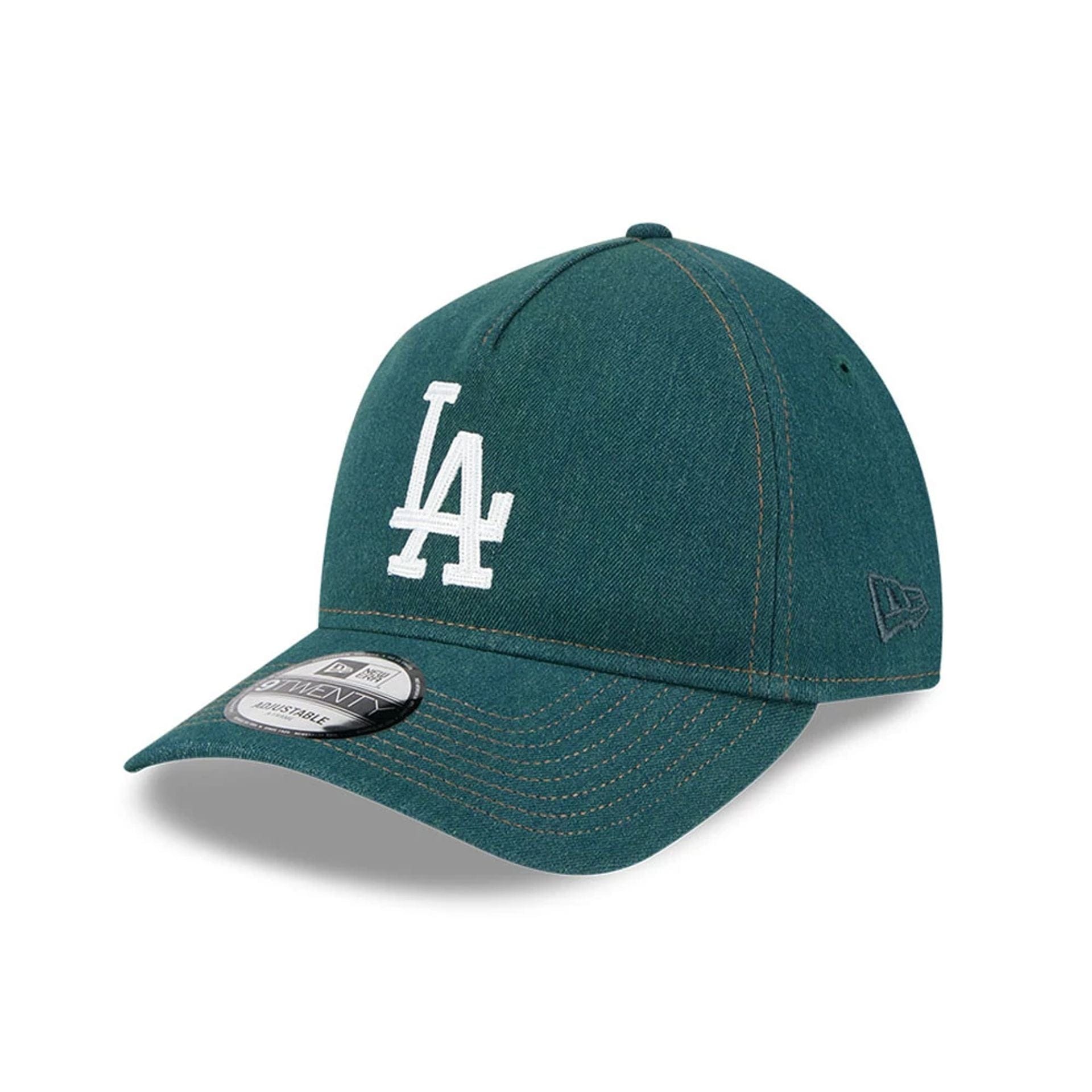 Pictured is this MLB Forest Denim LA Dodgers 9TWENTY A-Frame Adjustable cap in green. 1