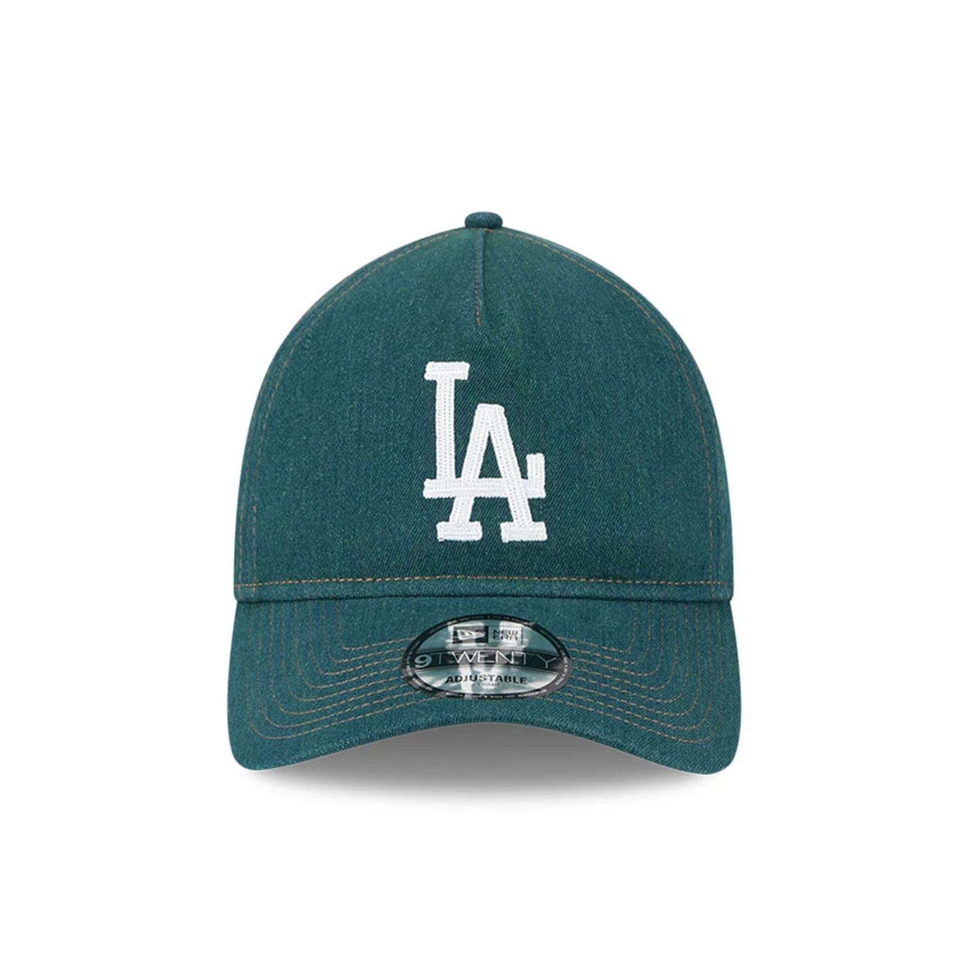 Pictured is this MLB Forest Denim LA Dodgers 9TWENTY A-Frame Adjustable cap in green. 2