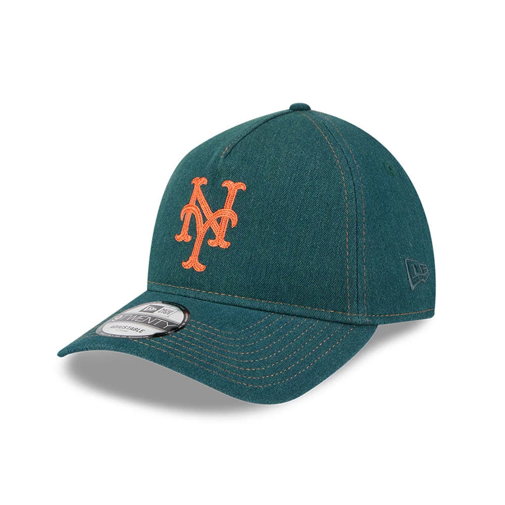 New York Mets MLB Forest Denim Green New Era 9TWENTY A-Frame Adjustable Cap, three-quarter view showing orange embroidered Mets logo on front panel, dark green curved visor with 9TWENTY size sticker, and New Era flag logo on left side.