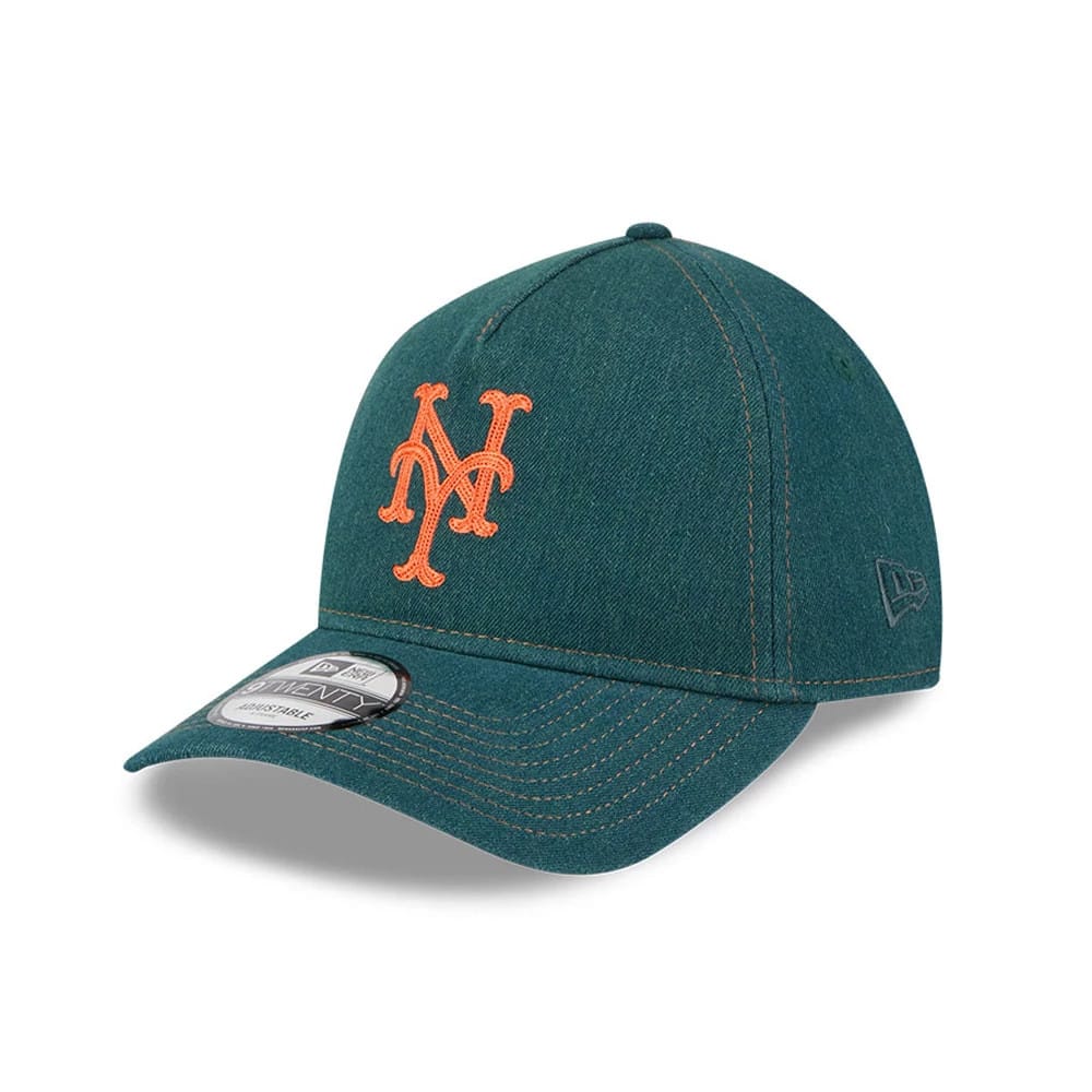 New York Mets MLB Forest Denim Green New Era 9TWENTY A-Frame Adjustable Cap, three-quarter view showing orange embroidered Mets logo on front panel, dark green curved visor with 9TWENTY size sticker, and New Era flag logo on left side.
