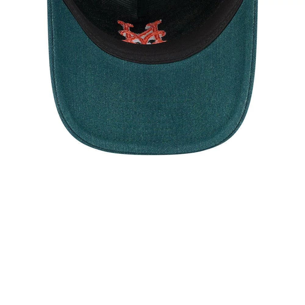New York Mets MLB Forest Denim Green New Era 9TWENTY A-Frame Adjustable Cap, inside view showing the black sweatband and forest denim green undervisor with a clear view of the orange Mets logo on the front panels.