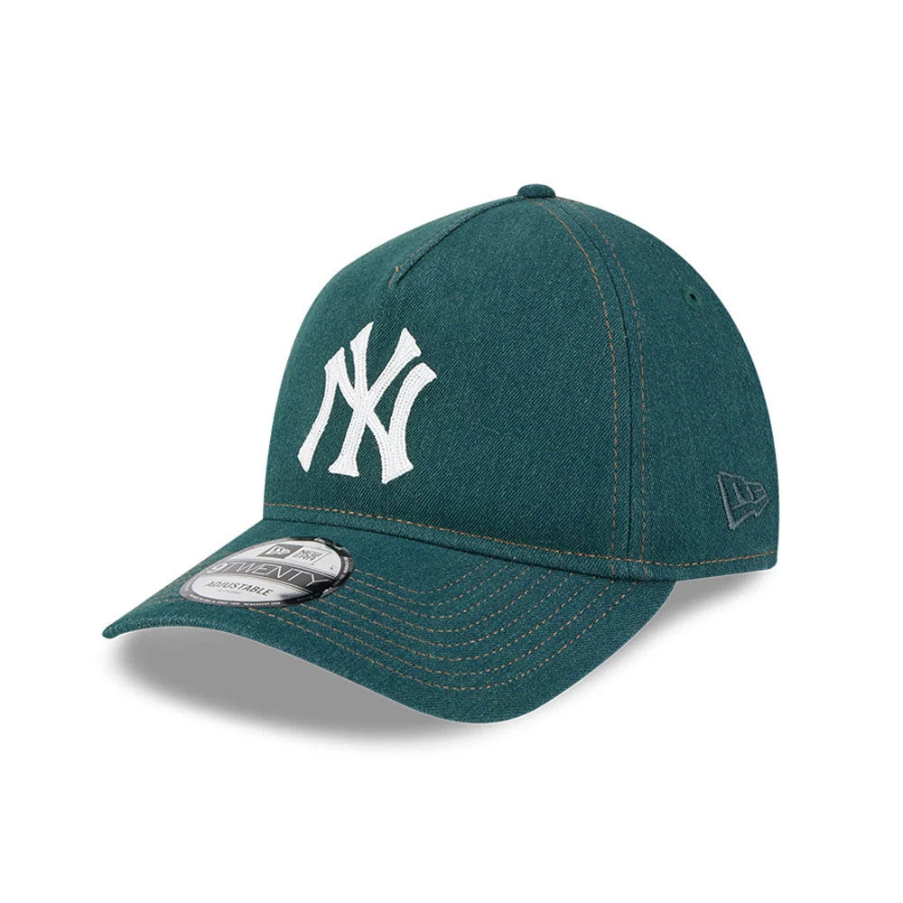 New York Yankees MLB Forest Denim Green New Era 9TWENTY A-Frame Adjustable Cap, three-quarter view showing the curved visor with black 9TWENTY size sticker, white embroidered NY logo on the front panel and New Era flag logo on the left side.