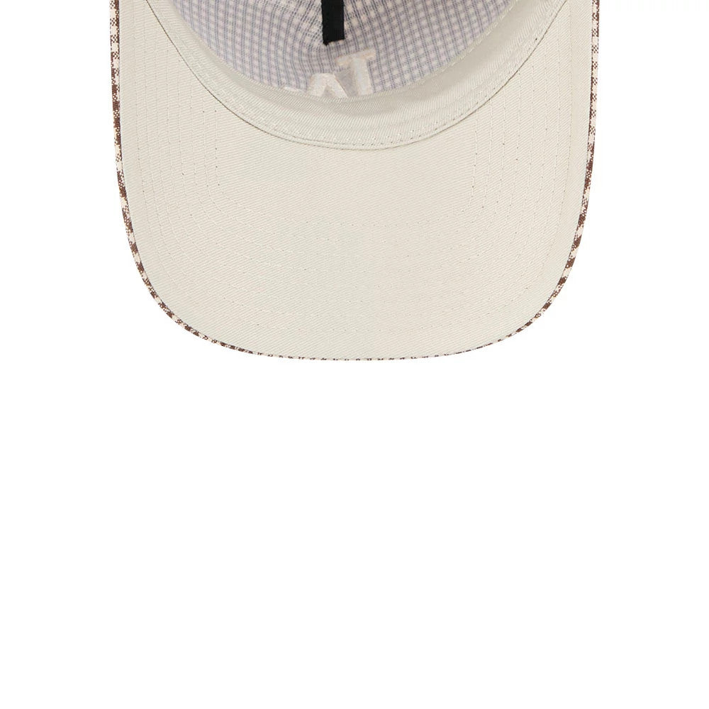 LA Dodgers MLB Check Open Brown New Era 9TWENTY A-Frame Adjustable Cap, inside view showing the light beige undervisor, check-patterned taping, and black inner strap against a light brown base.