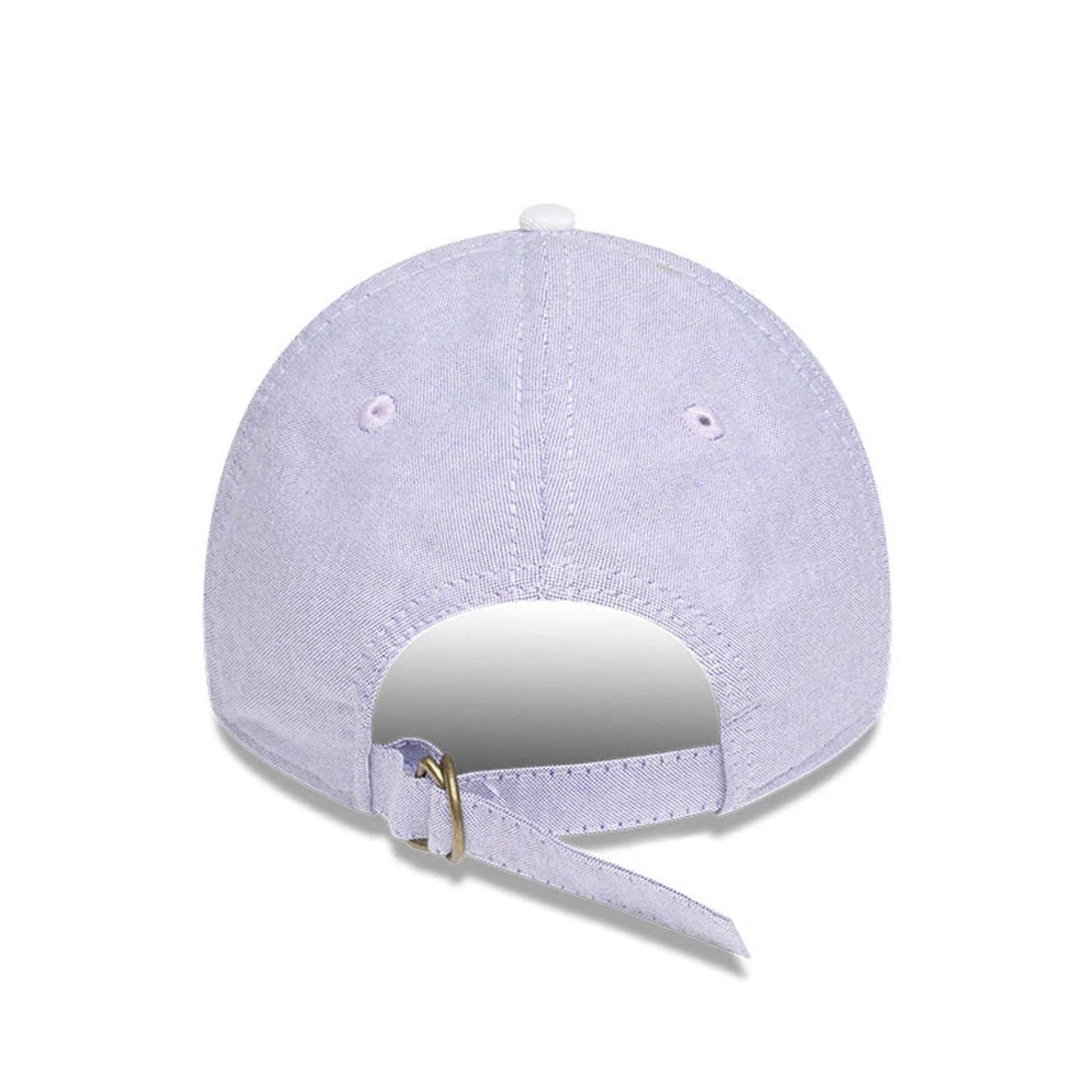 New York Yankees MLB Oxford Pastel Purple New Era 9TWENTY Long Visor Adjustable Cap, rear view showing the unstructured pastel purple crown with a brass buckle adjustable strap and a white top button.