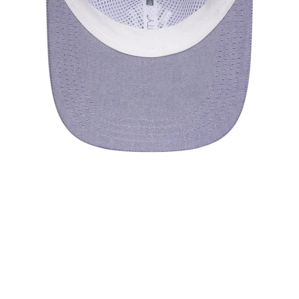 New York Yankees MLB Oxford Pastel Purple New Era 9TWENTY Long Visor Adjustable Cap, inside view showing the light purple undervisor, white sweatband, and New Era branded interior taping with eyelets on the structured crown.