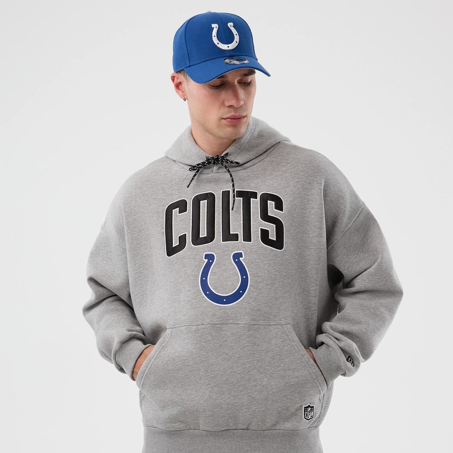 The Male model is wearing Indianapolis Colts NFL International Series Games Grey Pullover Hoodie 7