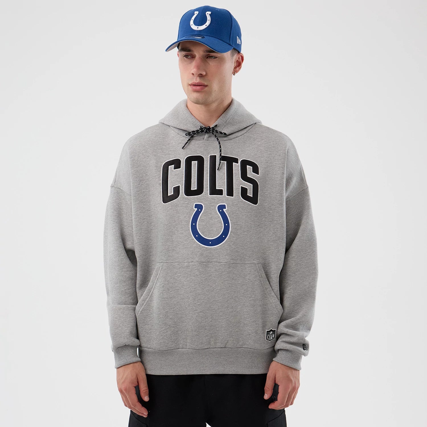 The Male model is wearing Indianapolis Colts NFL International Series Games Grey Pullover Hoodie 1
