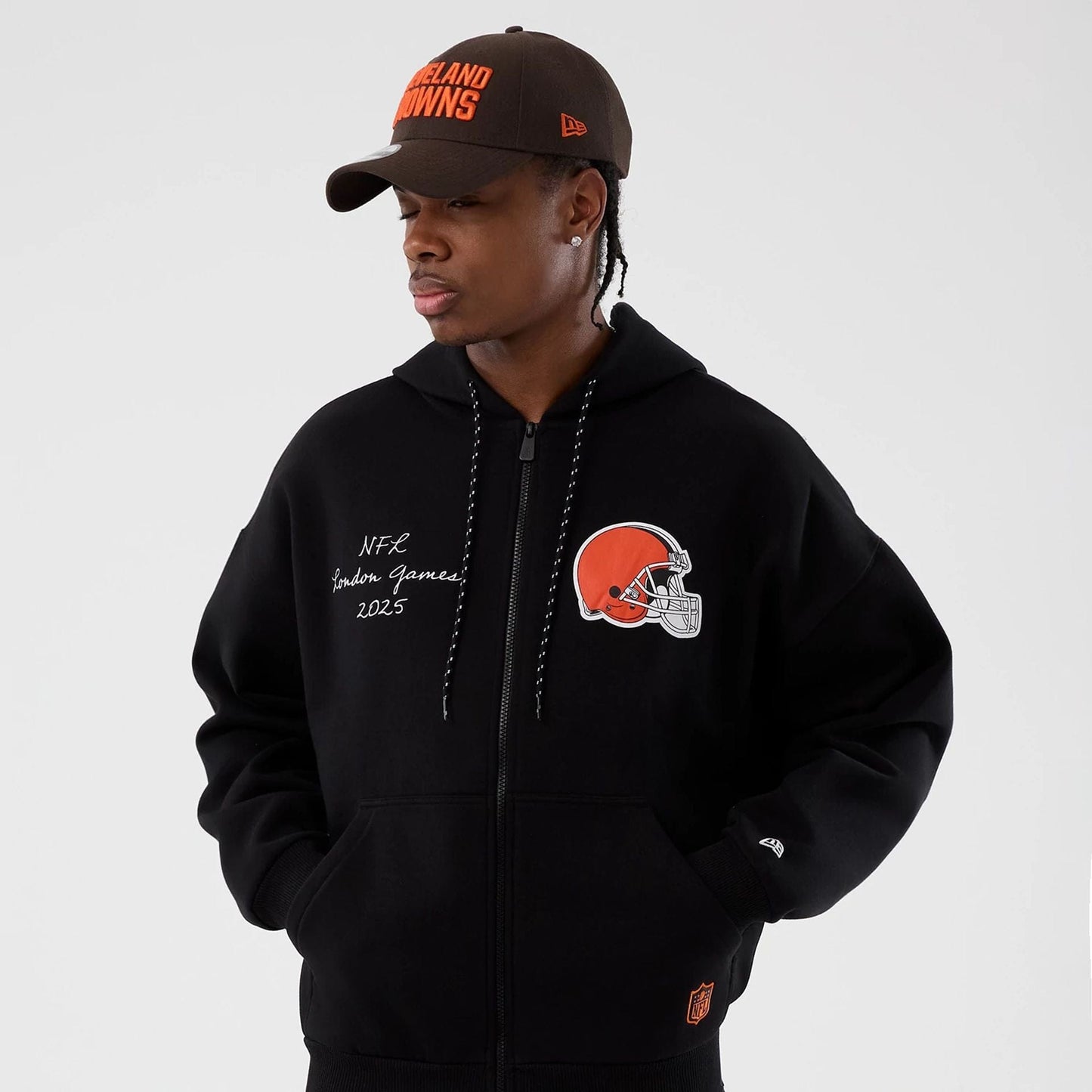 The Male model is wearing Cleveland Browns NFL International Series Games Black Full Zip Hoodie 7
