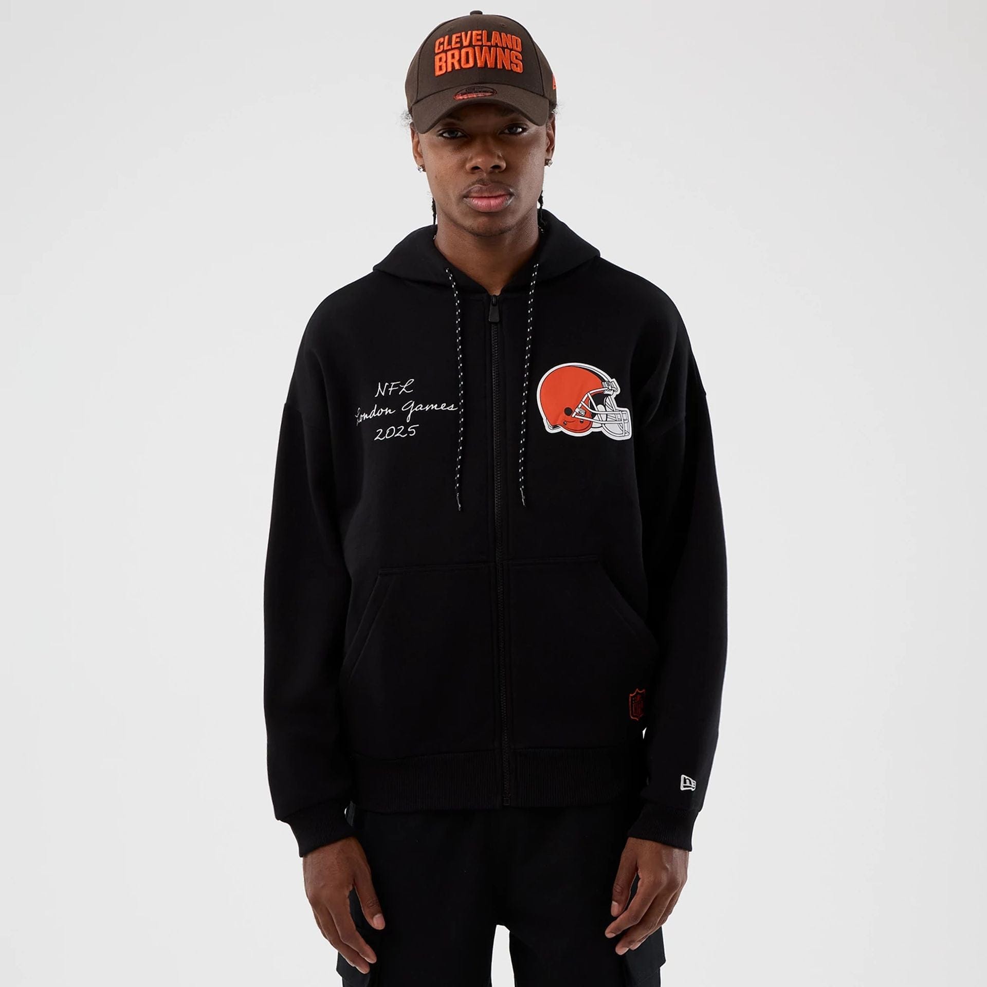 The Male model is wearing Cleveland Browns NFL International Series Games Black Full Zip Hoodie 1