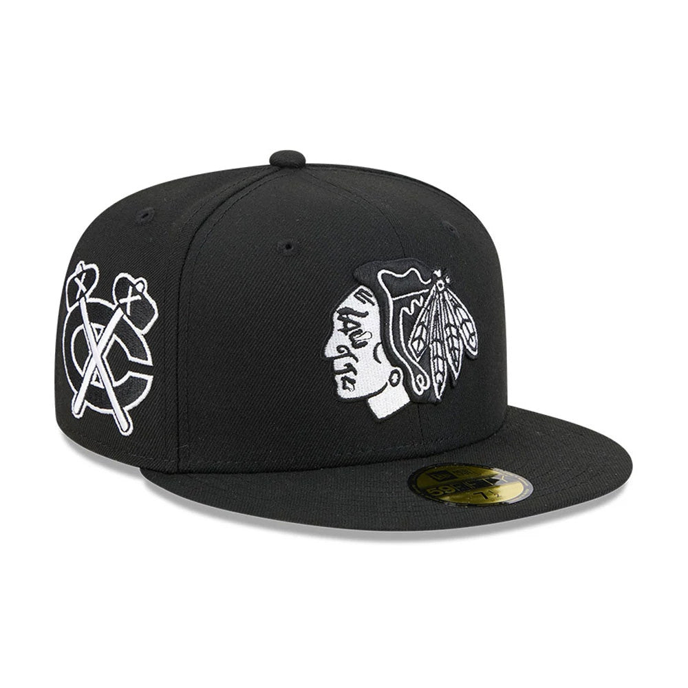 Chicago Blackhawks NHL Evergreen Black New Era 59FIFTY Fitted Cap, three-quarter view with white embroidered Blackhawks logo on front, team logo on the side, black flat visor, and gold 59FIFTY size sticker on visor.