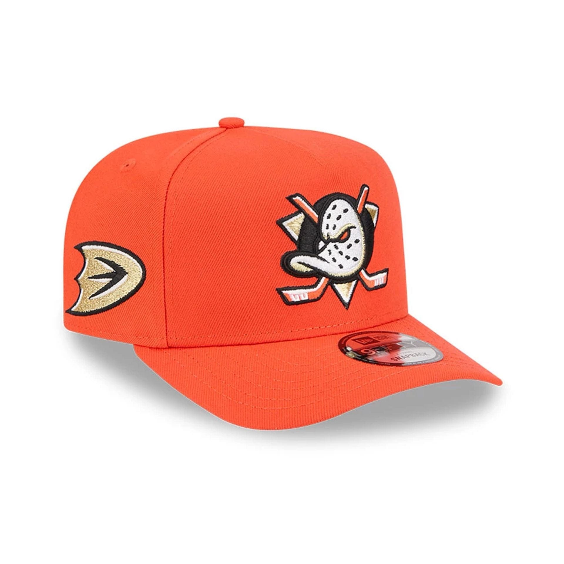 Pictured is this NHL Evergreen Anaheim Ducks 9FIFTY A-Frame Snapback cap in orange. 1