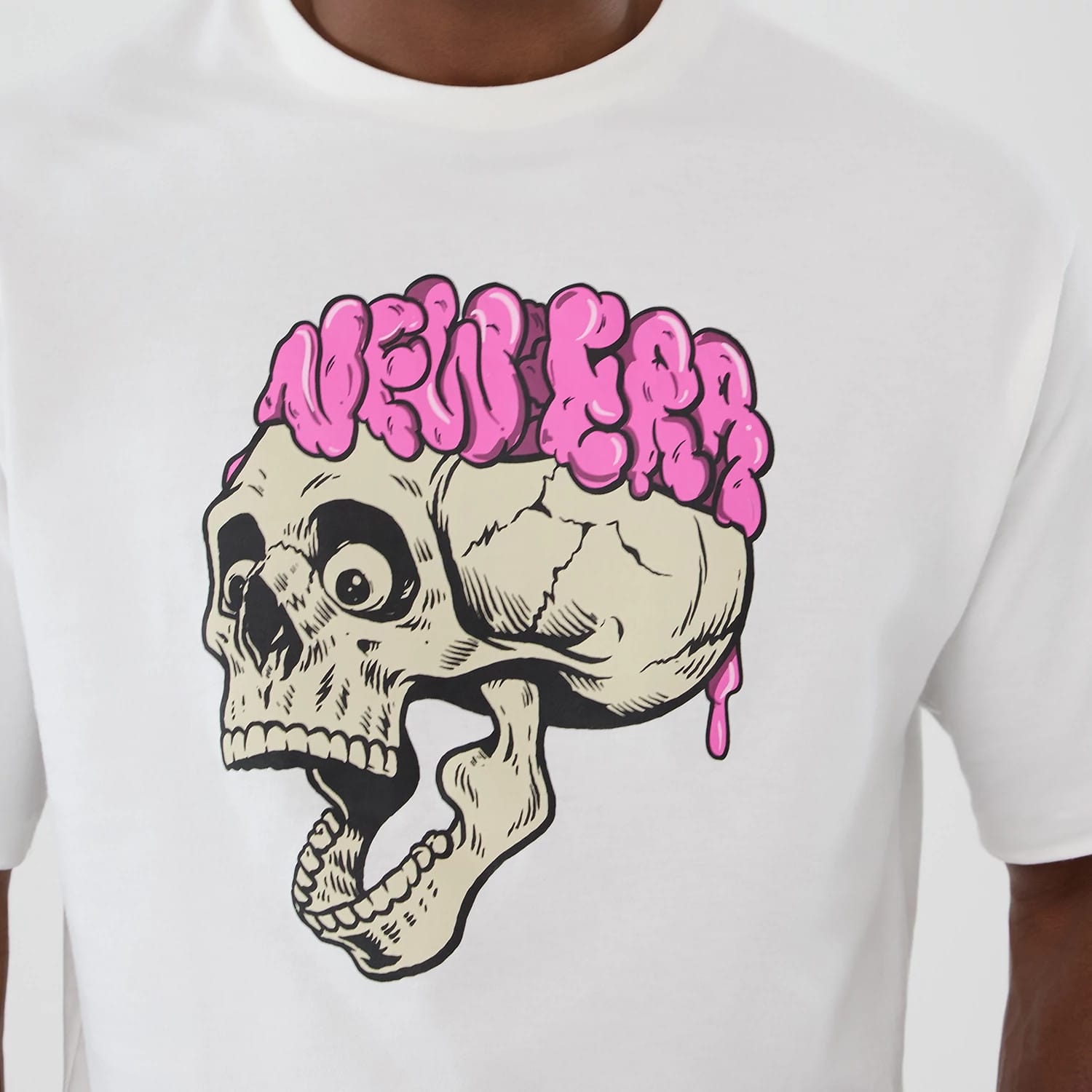 The Male model is wearing New Era Halloween Skull Graphic White Oversized T-Shirt 3