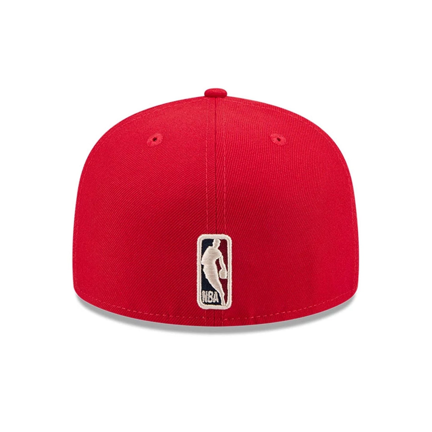 Atlanta Hawks NBA Hardwood Classic Red New Era 59FIFTY Fitted Cap, rear view showing the white embroidered NBA logo at the centre of the back panels, set low on the structured red crown.