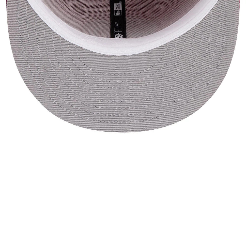 Atlanta Hawks NBA Hardwood Classic Red New Era 59FIFTY Fitted Cap, inside view showing grey undervisor, black taping with 59FIFTY branding in white, and a white sweatband encircling the interior edge.