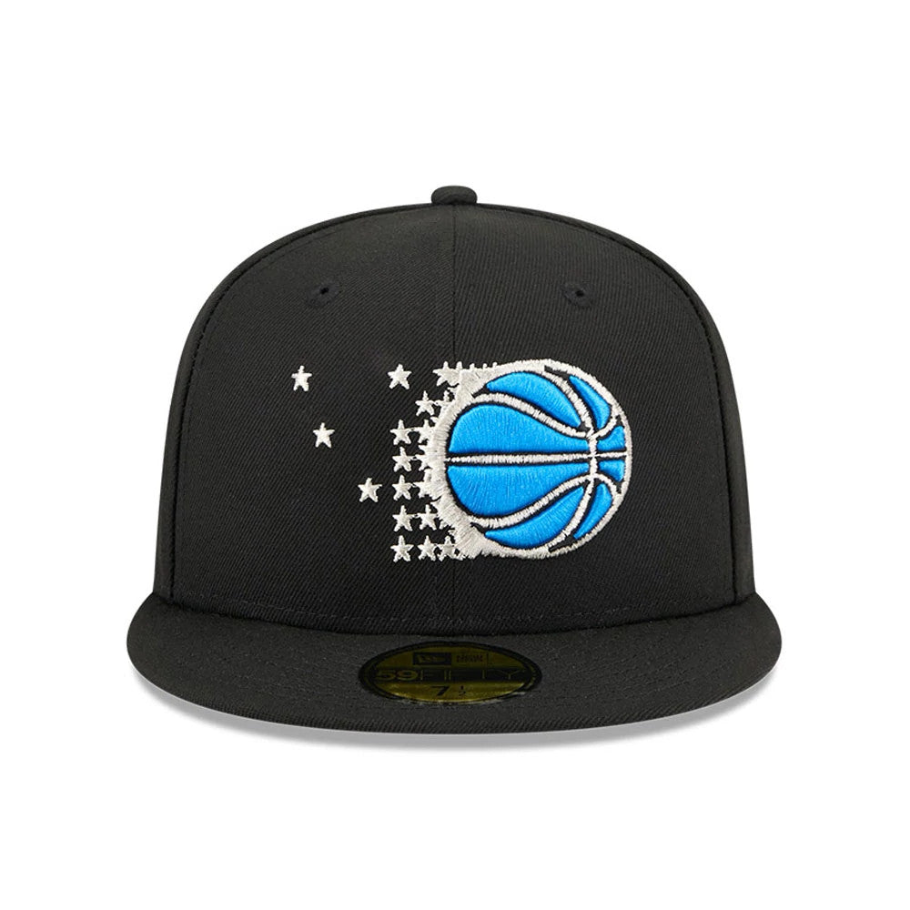Orlando Magic NBA Hardwood Classic Black New Era 59FIFTY Fitted Cap, front view showing the blue and silver embroidered basketball and star logo on the black crown, with a black flat visor and gold 59FIFTY size sticker.